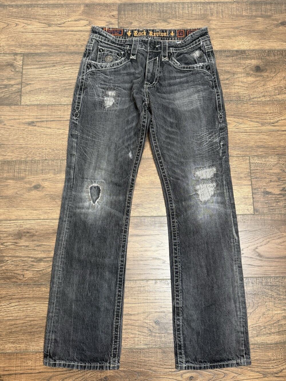 Rock Revival Men’s Gray Denim Straight Fit Jeans Distressed Embroidered Logo 32